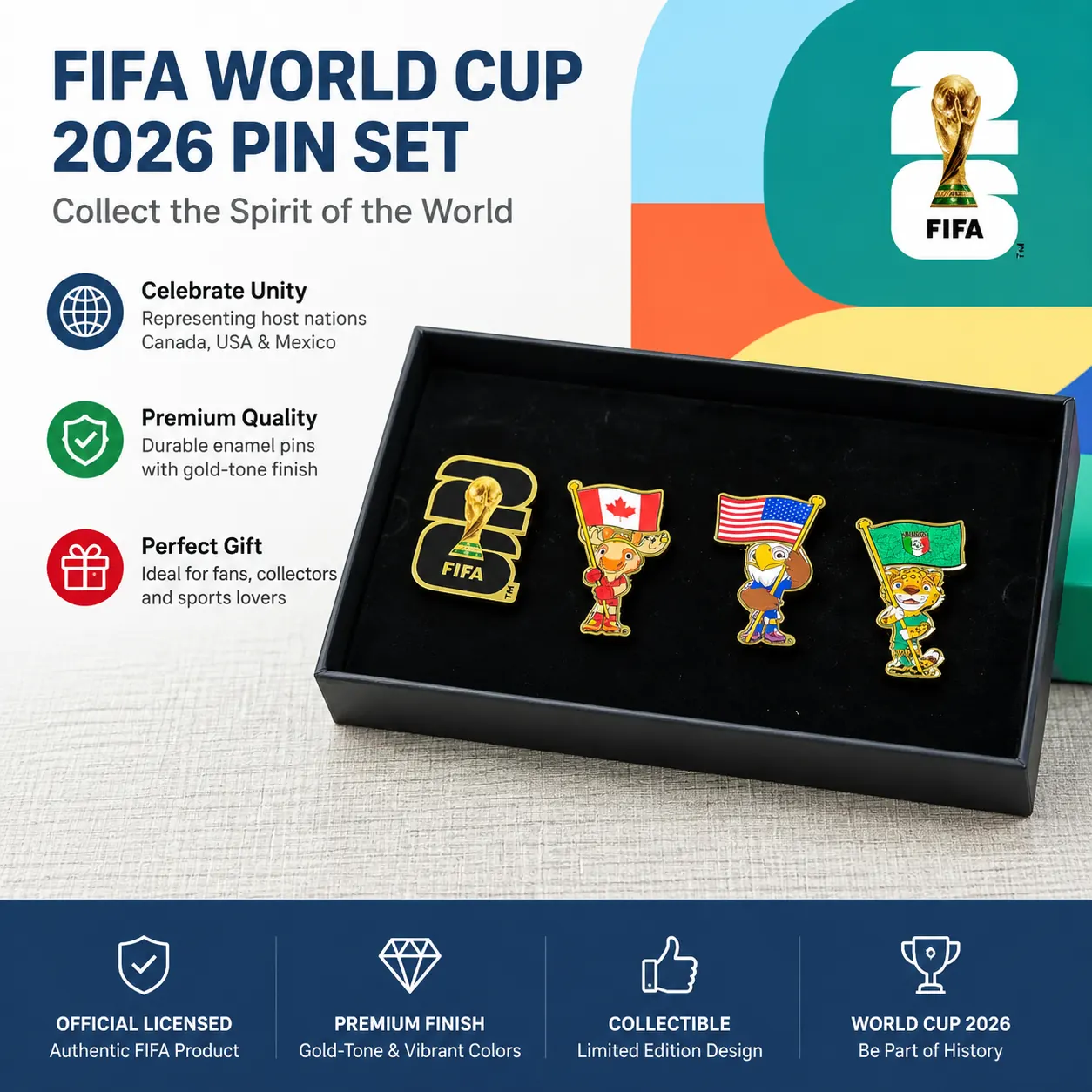 Close view of the enamel finish and host nation pin designs