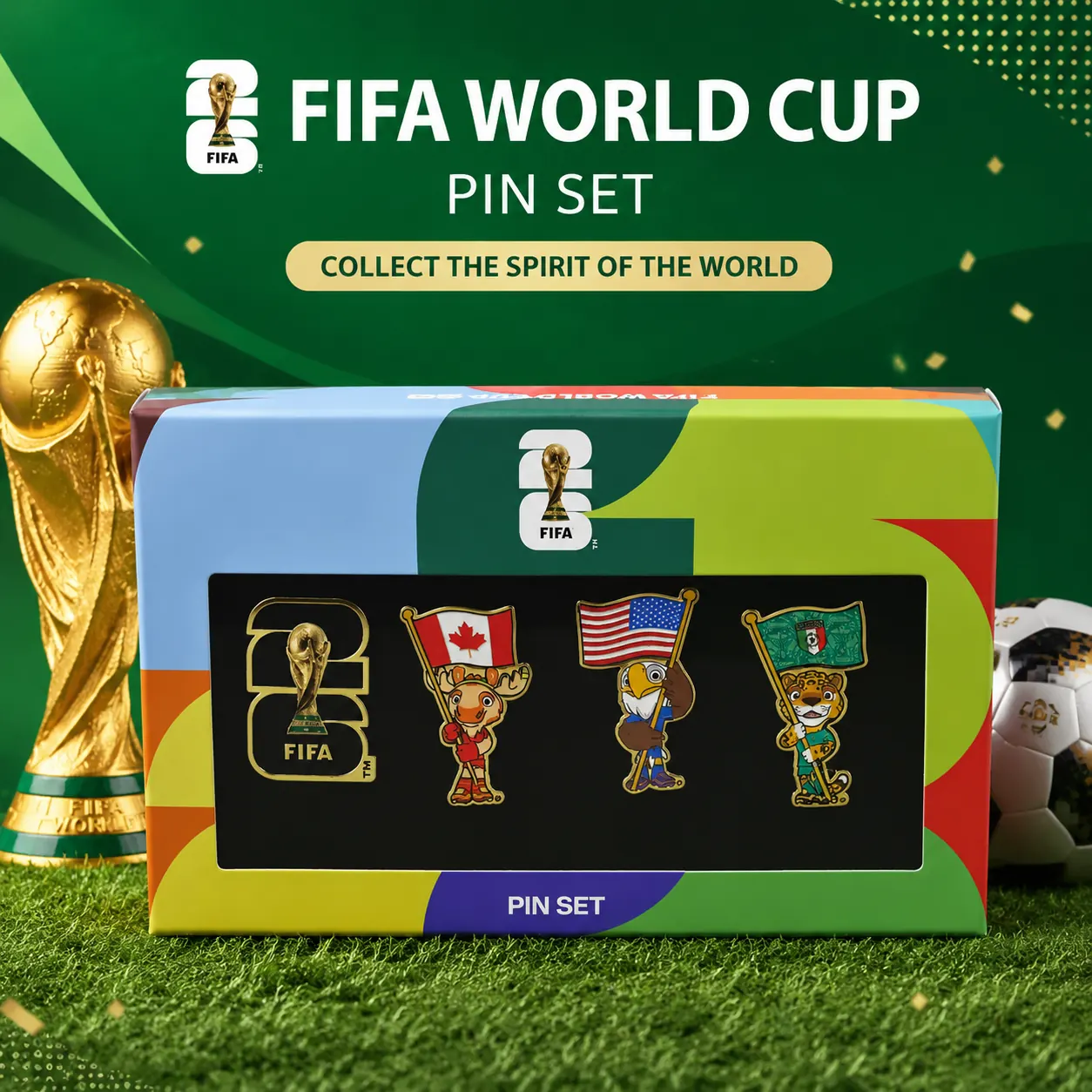 FIFA World Cup 2026 pin set with colorful collector packaging
